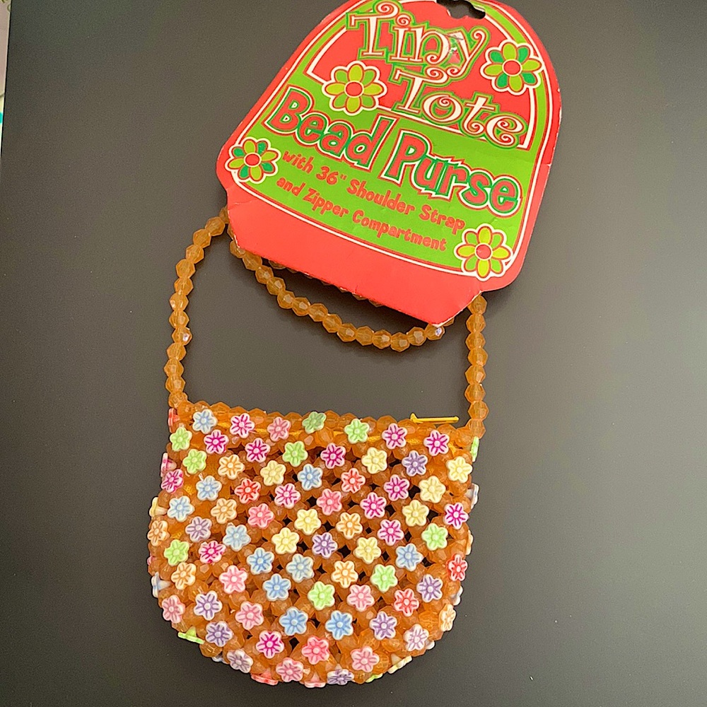 Tote Flower Bead Tiny Purse w/ 36” Shoulder Strap and Zipper Compartment